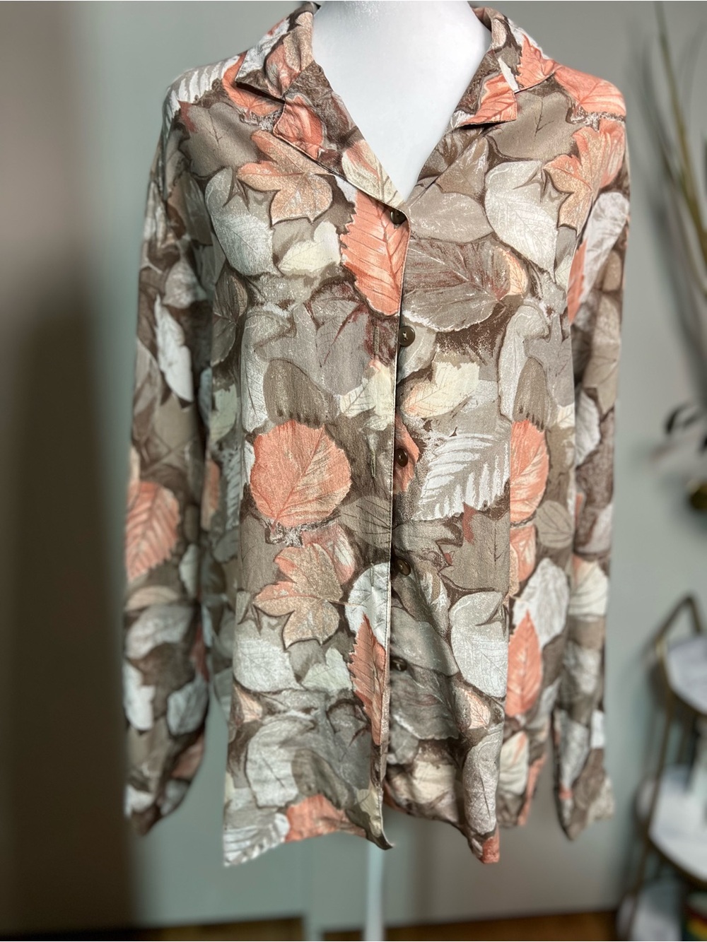 Urban Outfitters Coral, Taupe & White Leaf-Print Button Down Shirt